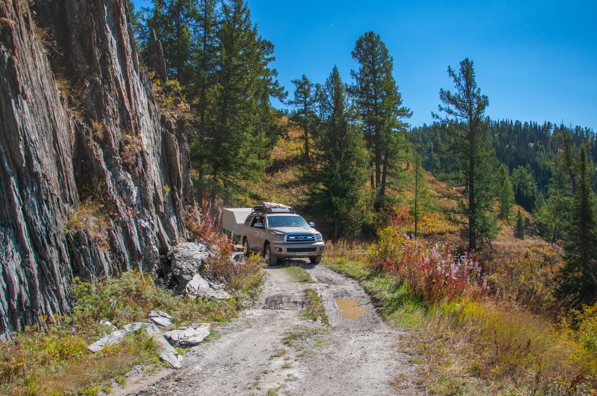 Jeep tour on the Old Austrian road in the Altay mountains of Kazakhstan