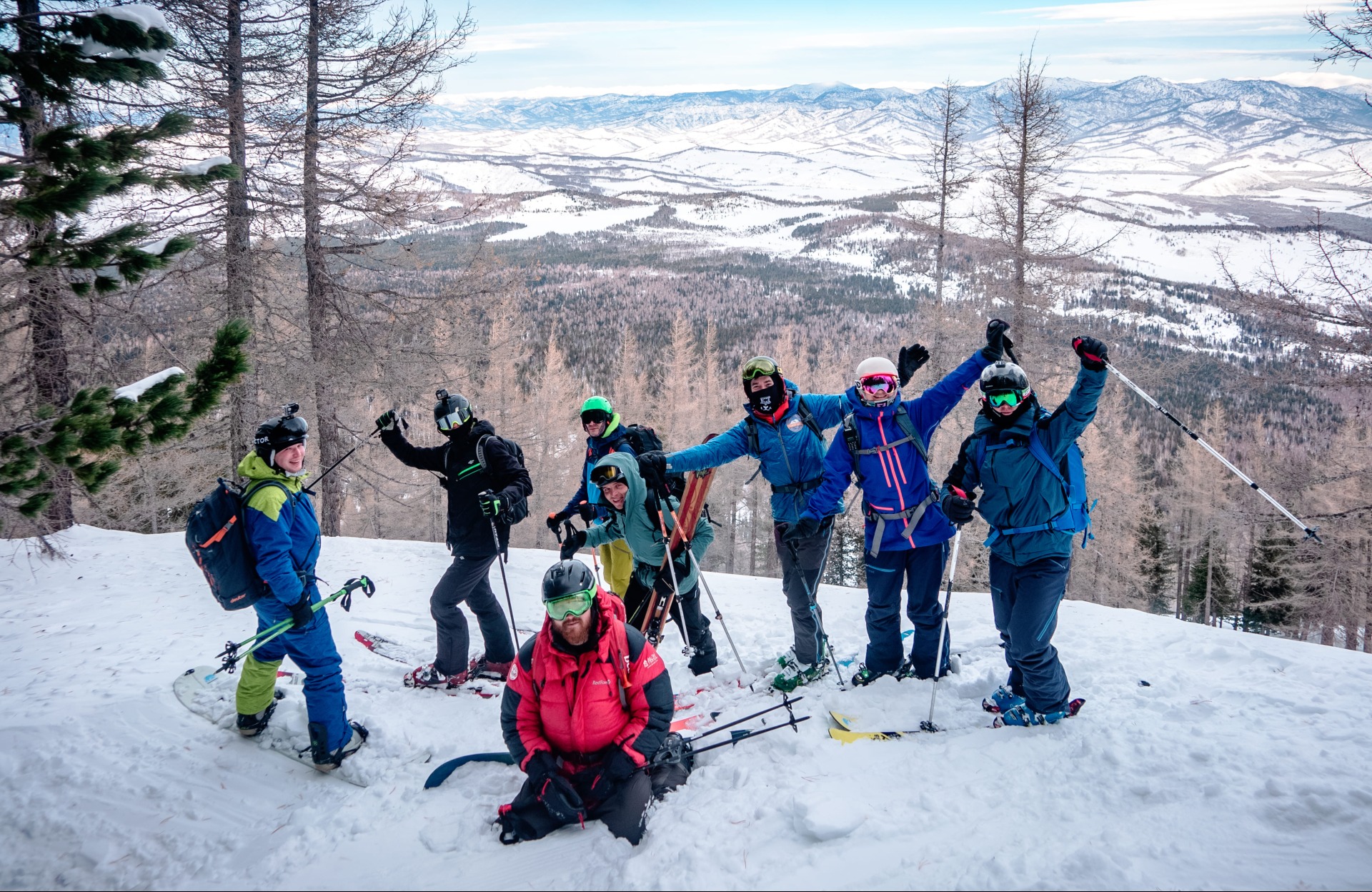 Guided skitour group on the top of Altai mountain