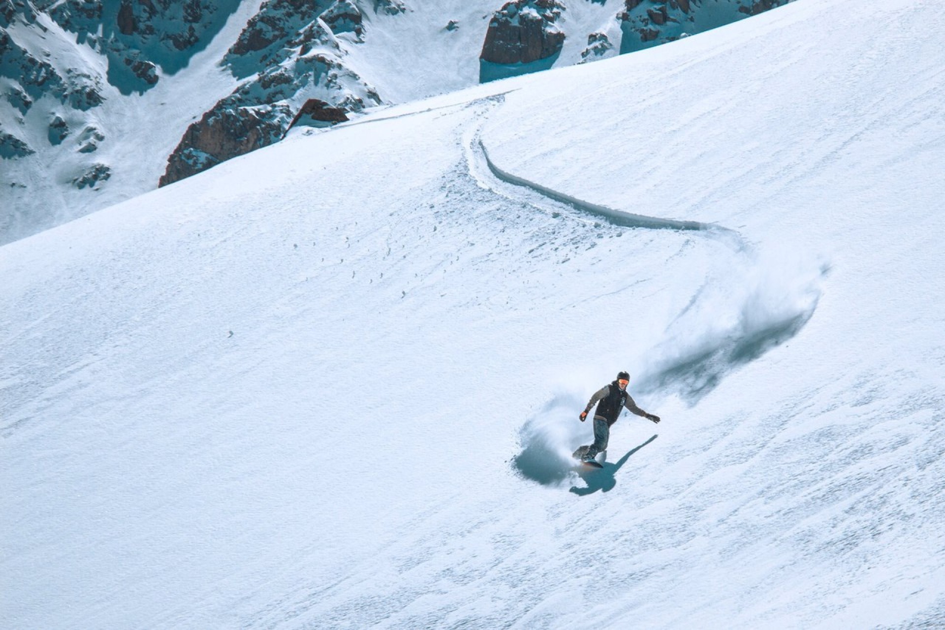 snowboarding on a freeride in Shymbulak, Kazakhstan