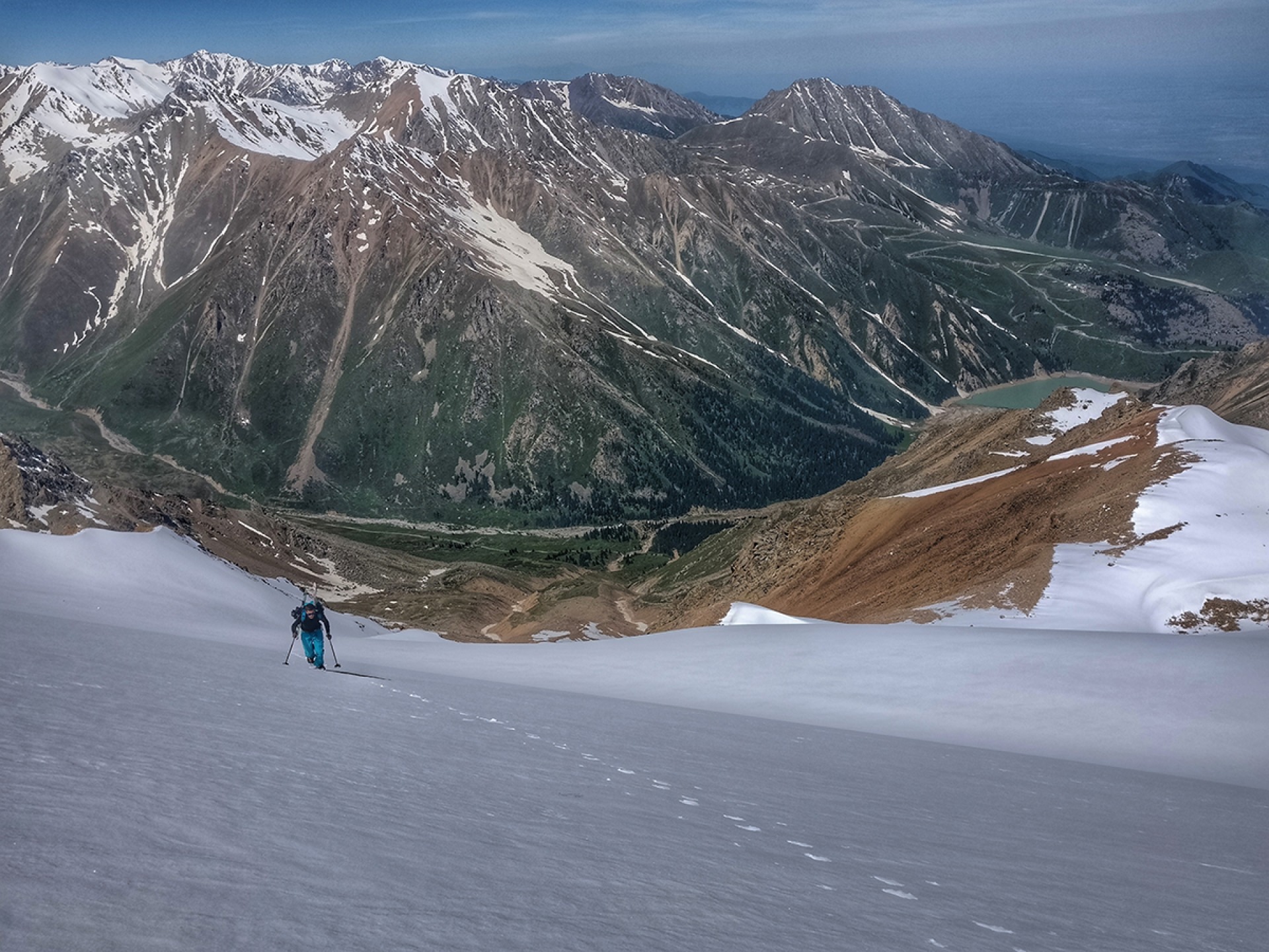 splitboard on Soviet peak above Big Almaty Lake