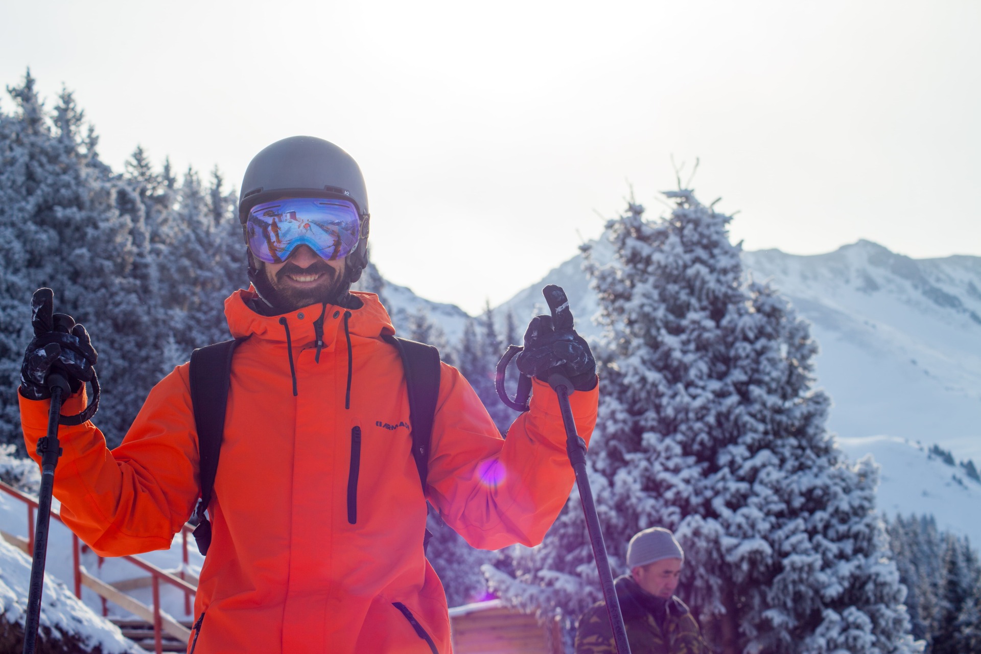 happy freeride skier at Ak-bulak ski resort Kazakhstan