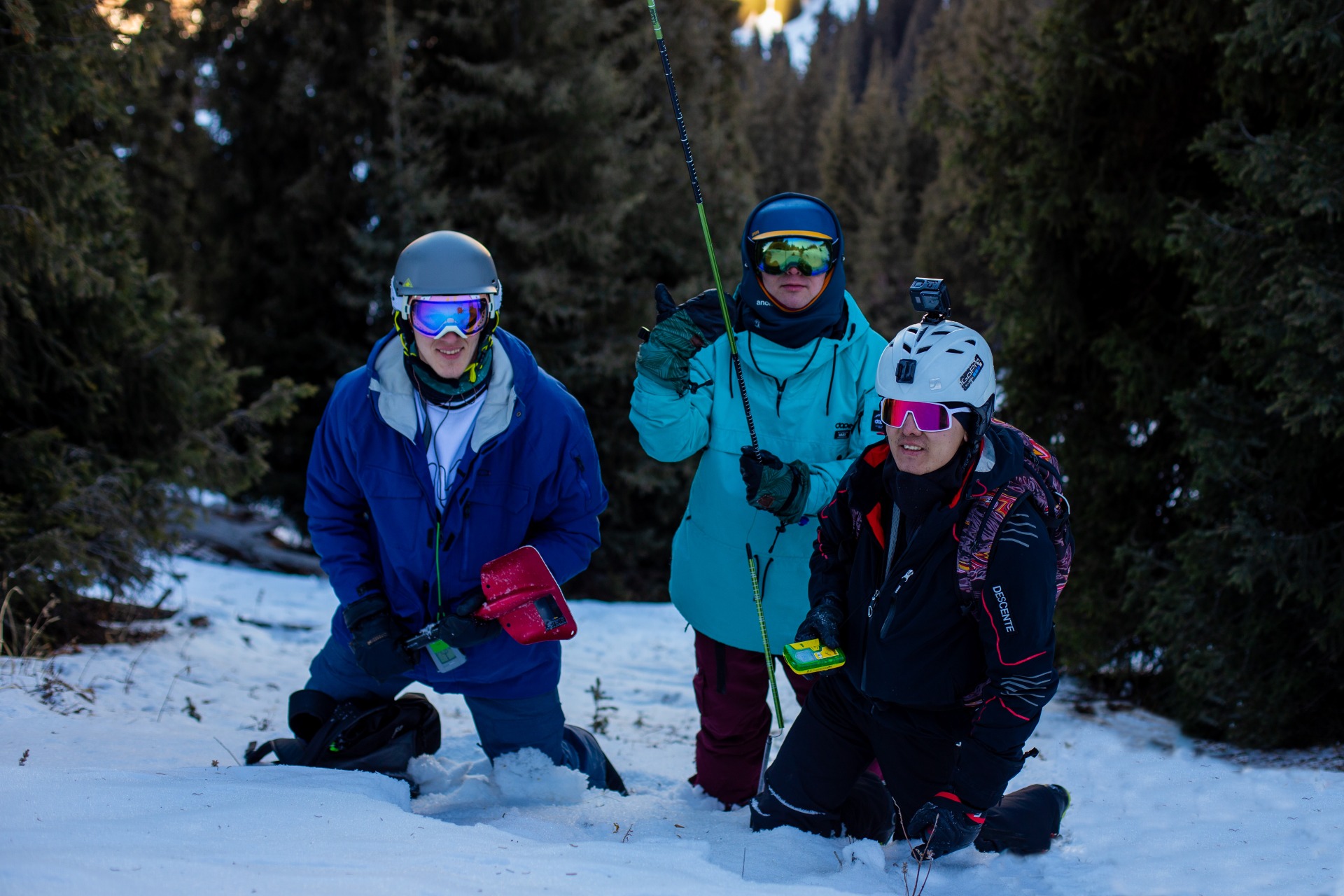 group on the avalanche safety training in Ak-bulak ski resort