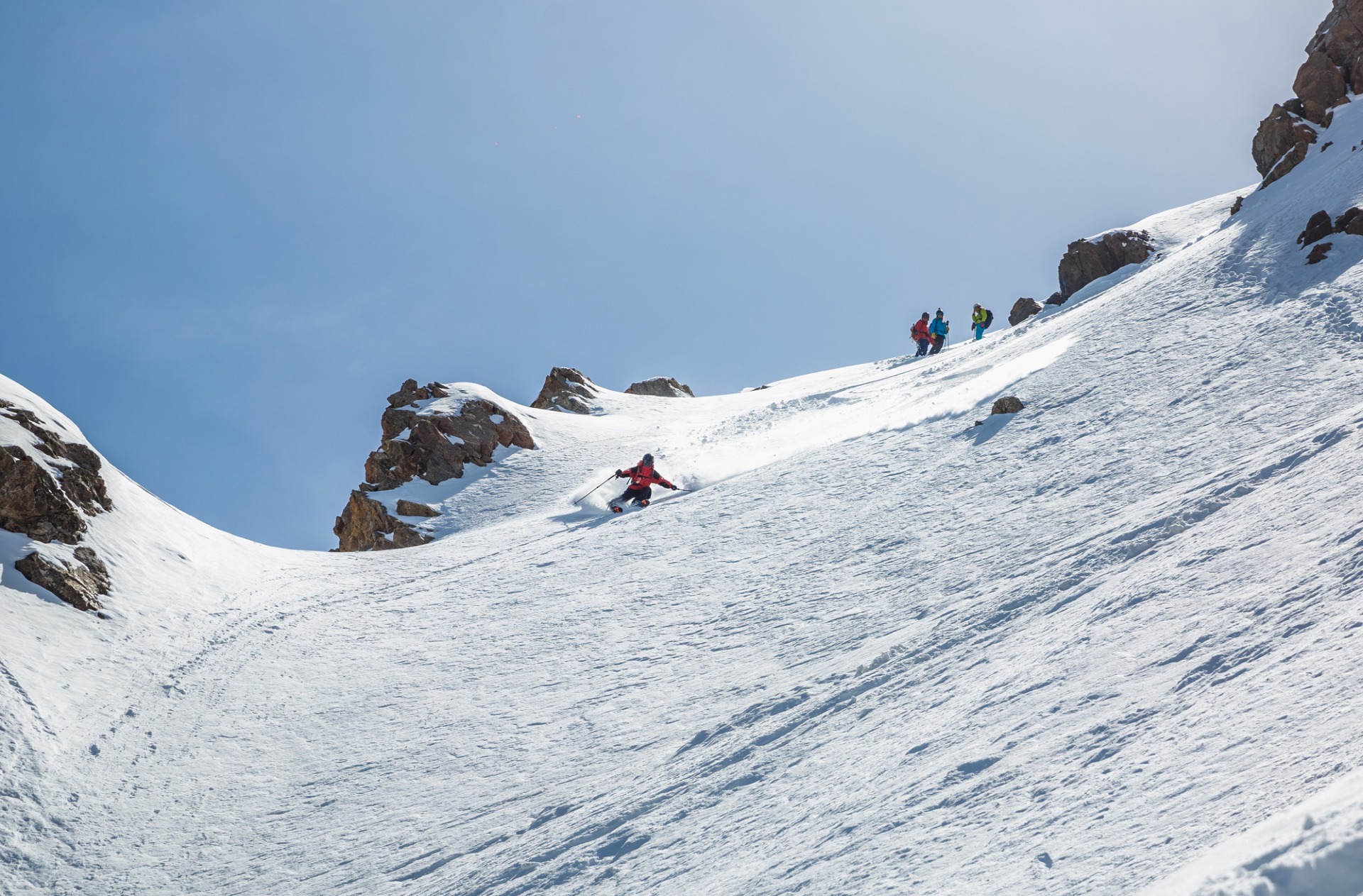 skiing in Chkalov couloir Shymbulak