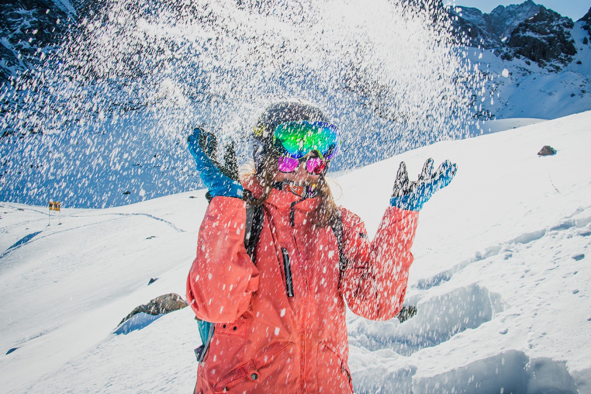 y skier with the snow on Talgar pass of Shymbulak ski resort