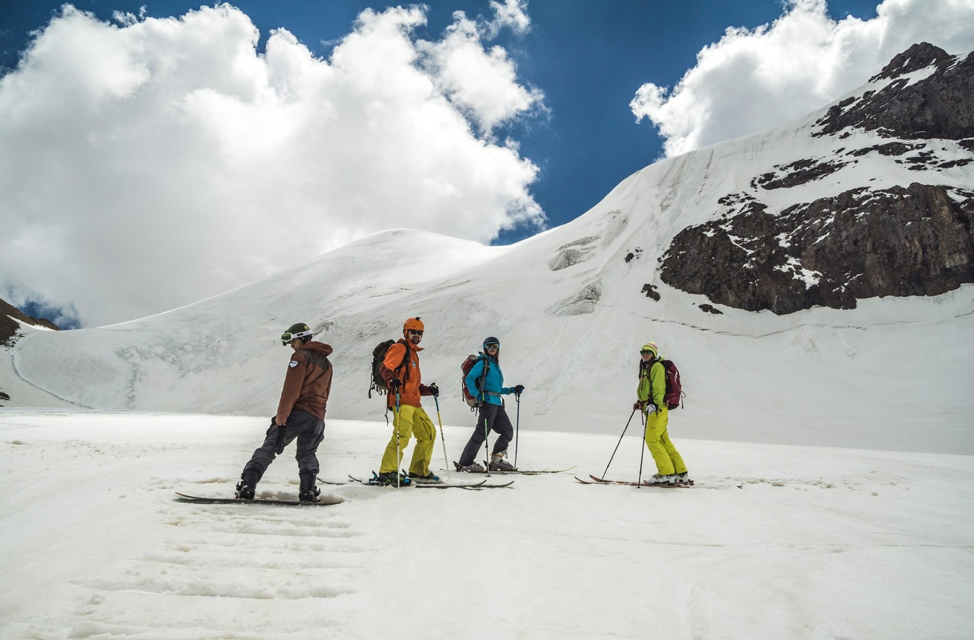 group on Bagdanovich glacier after ski touring on Karlytau peak