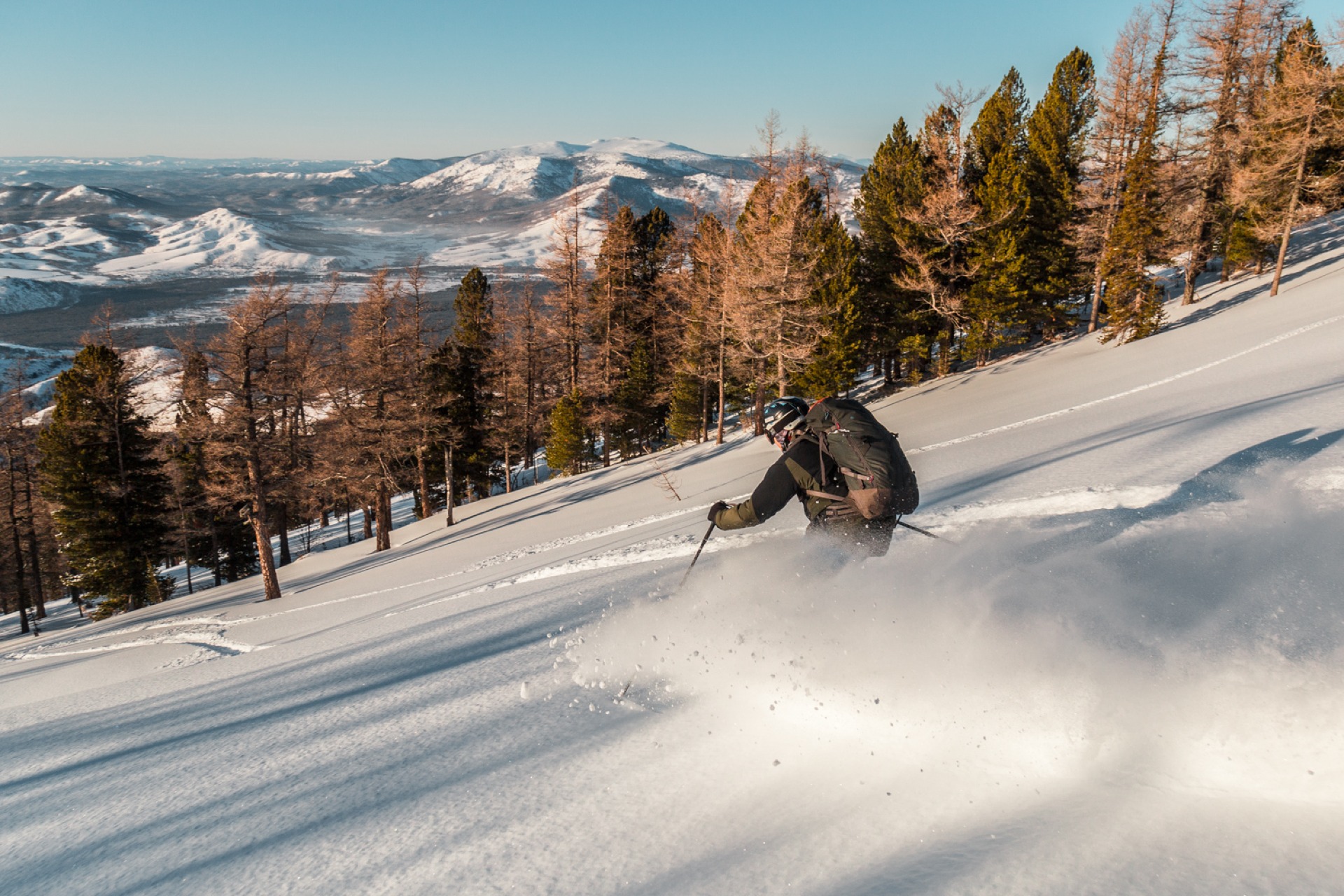 skiing powder in the Altay mountains on the Serginsky gorge